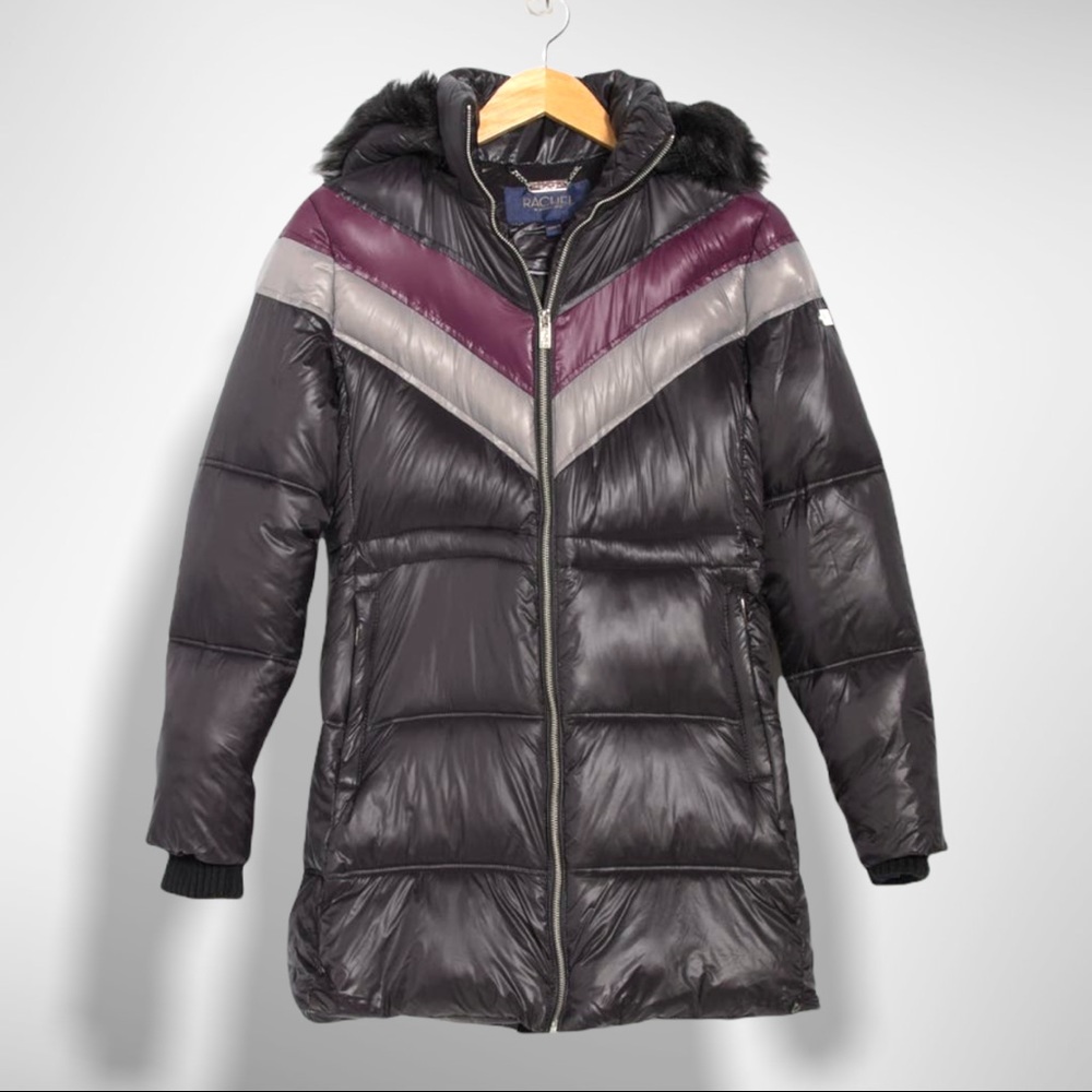 RACHEL ROY COLORBLOCK FAUX FUR HOOD PUFFER JACKET - MEDIUM